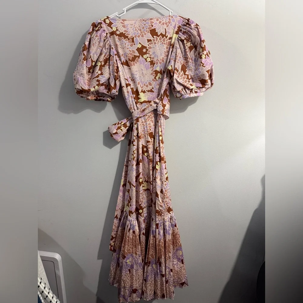 Kate Spade New York Exotic Bloom Poplin Maxi Wrap Dress Floral Puff Sleeve 00